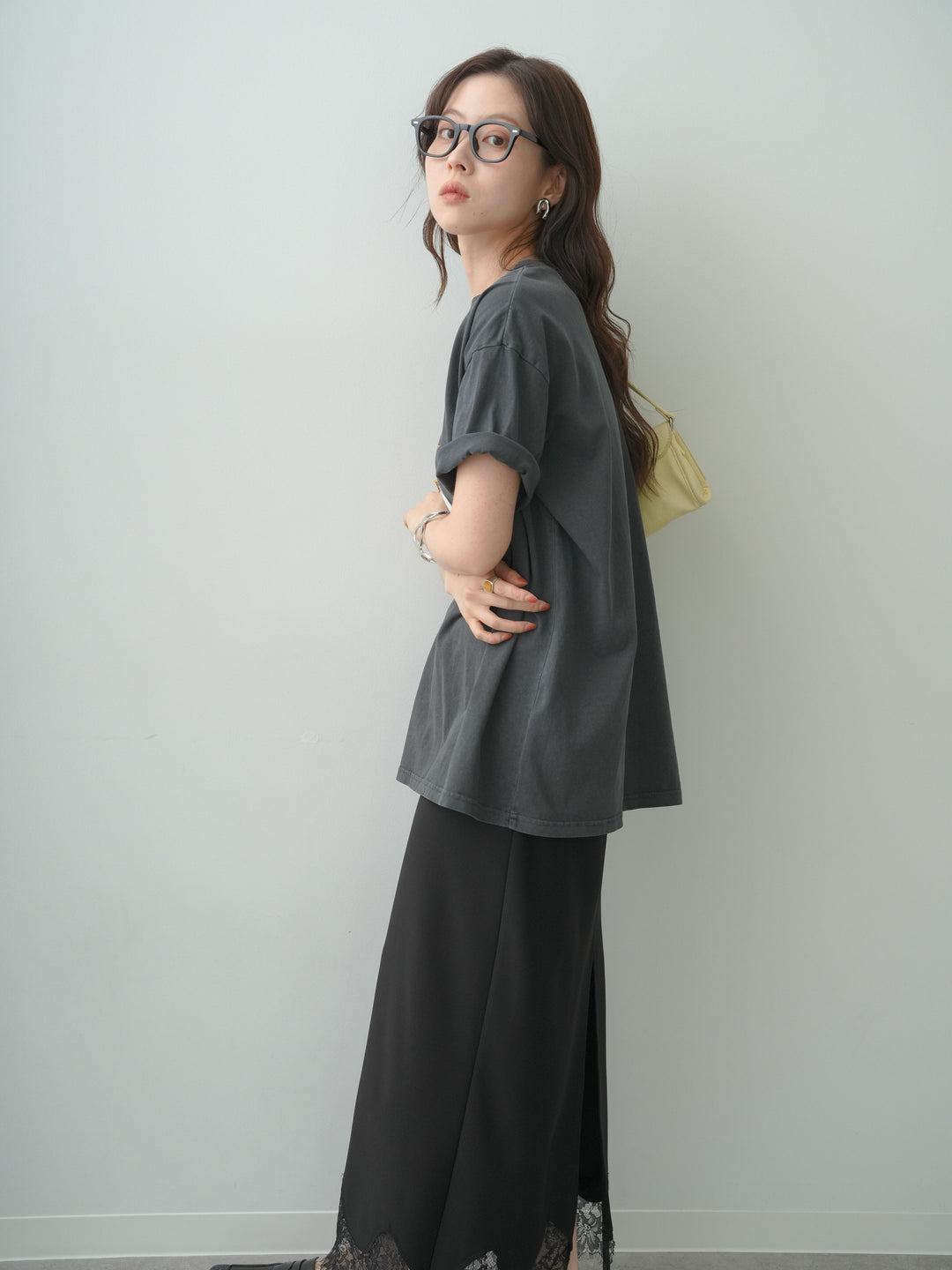 [SET]ヴィンテージライクプリントオーバーTEE+レースヘムストレッチIラインスカート(2set)