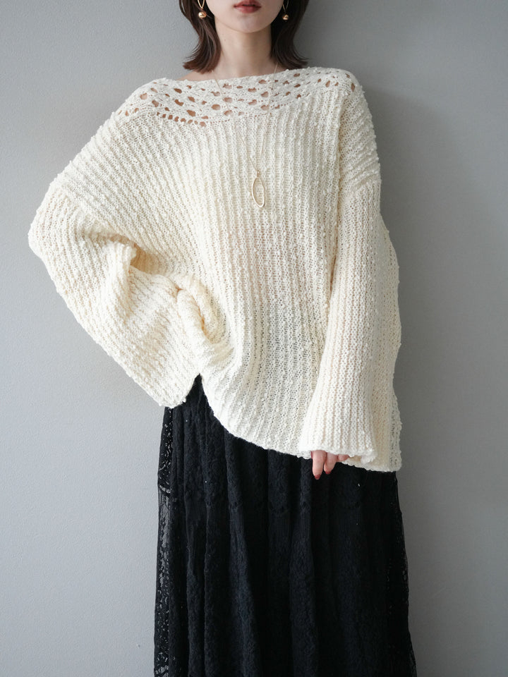[予約]ボートネック透かし編みニットプルオーバー/white