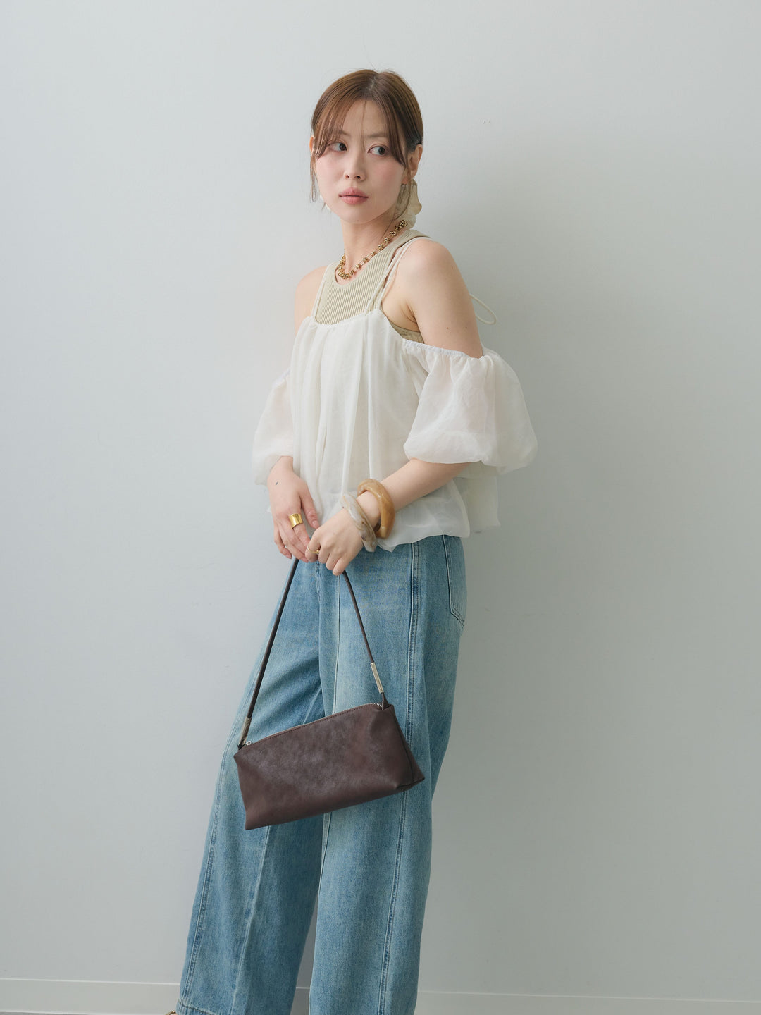 [SET]リブタンク付シアーバルーン半袖トップス+センターラインワイドストレートデニム(2set)