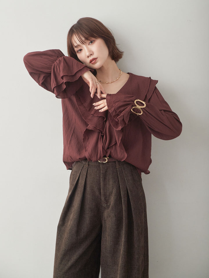 [SET]ラッフルカラーブラウス+ベロアデニムタックワイドパンツ(2set)