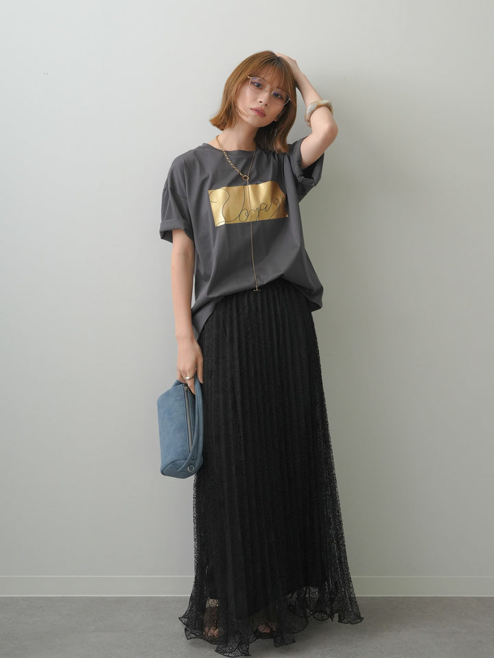 [SET]箔プリントボックスTEE+フローラルレースプリーツスカート(2set)