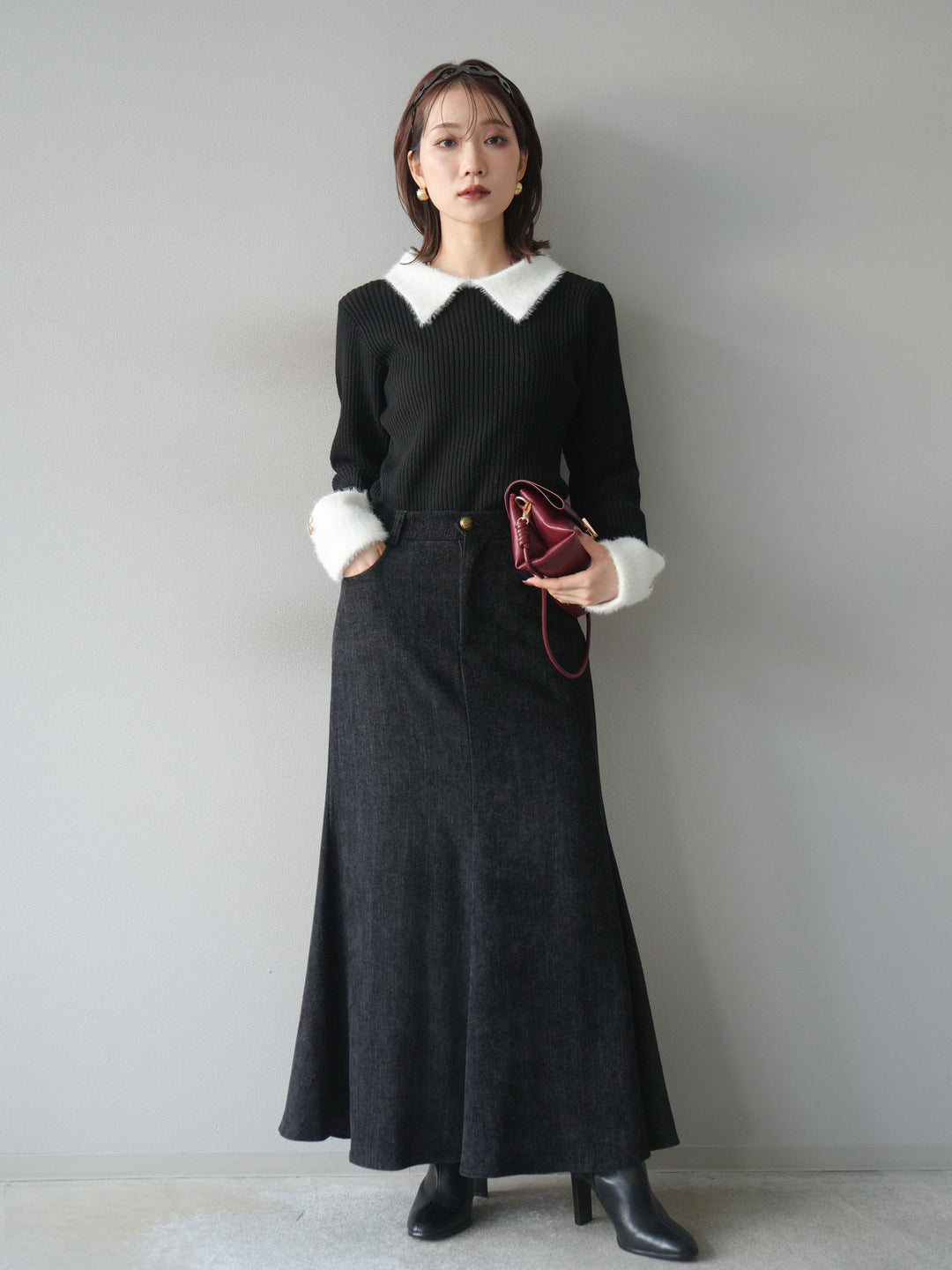 [SET]シャギー襟リブニットトップス+ベルベットマーメイドスカート(2set)