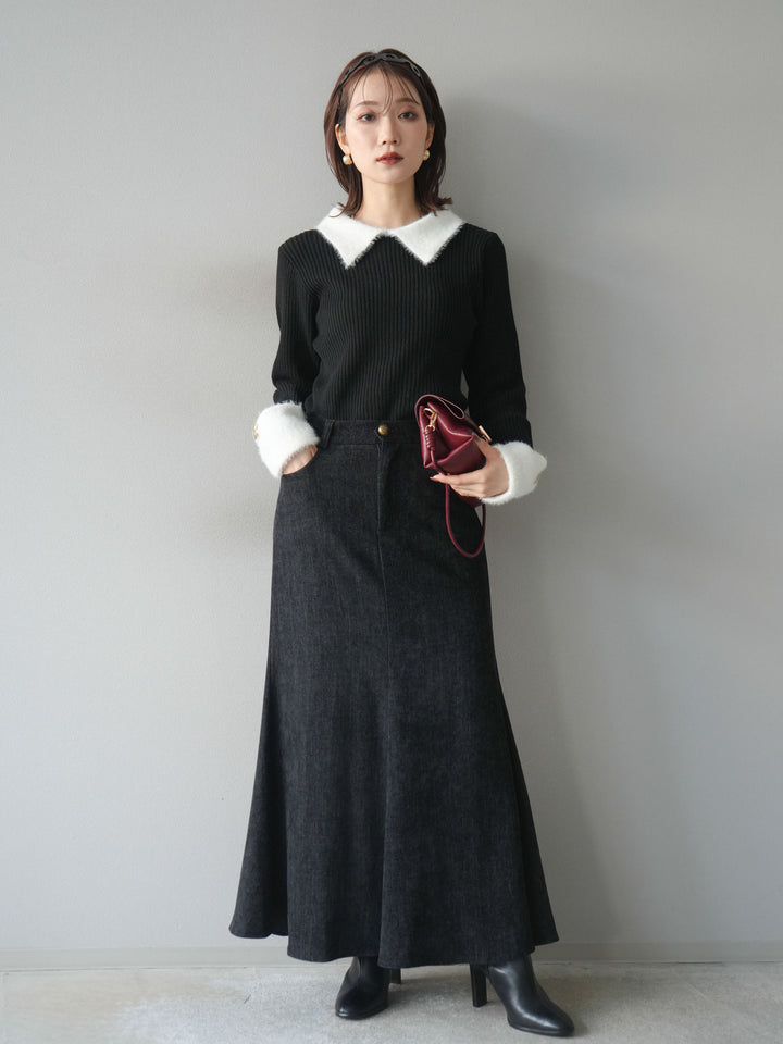 [SET]シャギー襟リブニットトップス+ベルベットマーメイドスカート(2set)