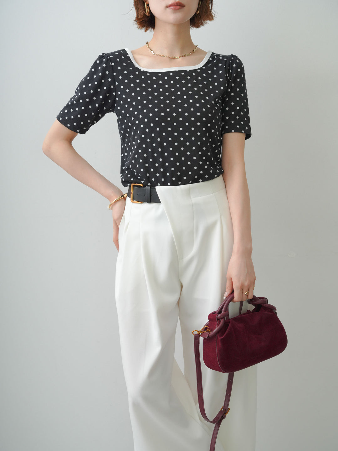【套裝】雙面穿雙色圓點滾邊T卹 + 雙面穿雙色圓點滾邊T卹（2件組）