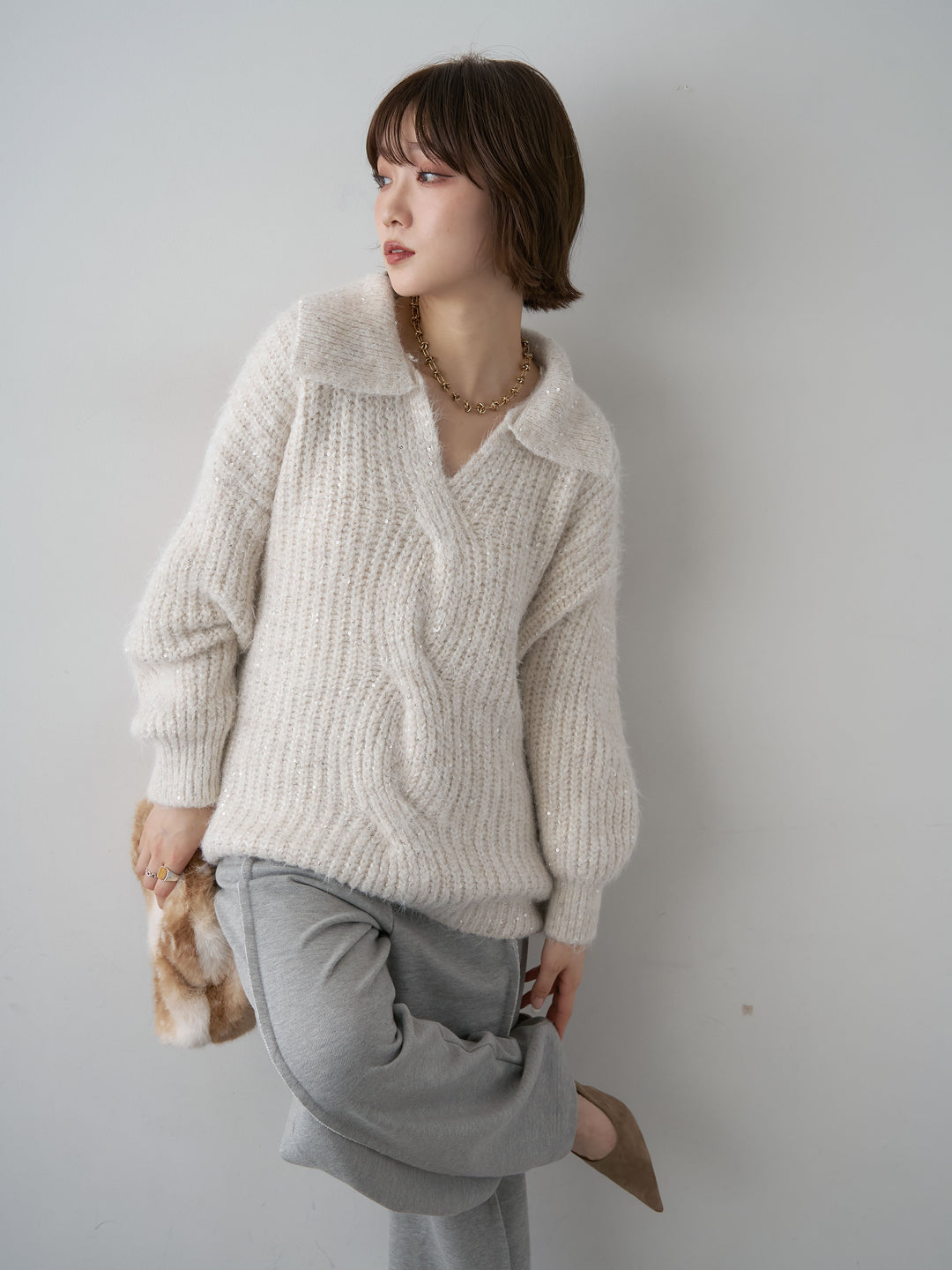 [予約]スキッパースパンリブニットトップス/ivory