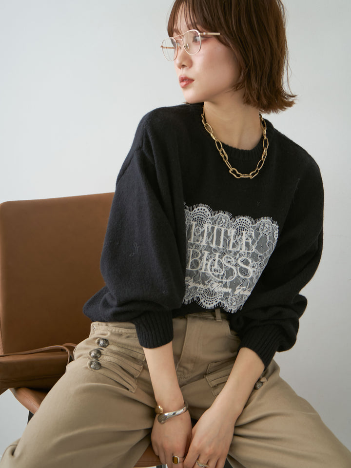 [予約]アルパカタッチ刺繍レースロゴニットプルオーバー/black