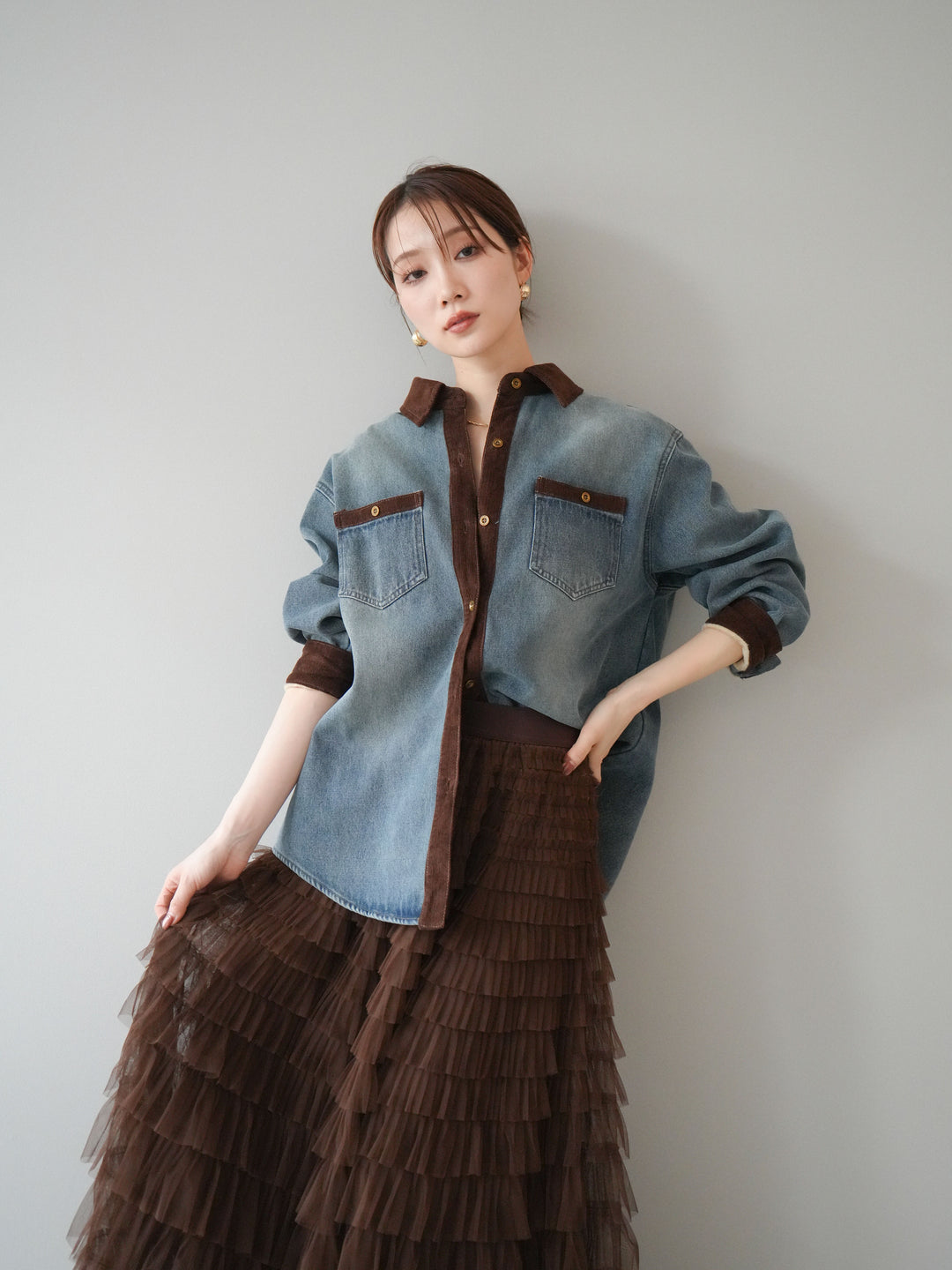 [予約]裏起毛コーデュロイ襟デニムシャツジャケット/ blue