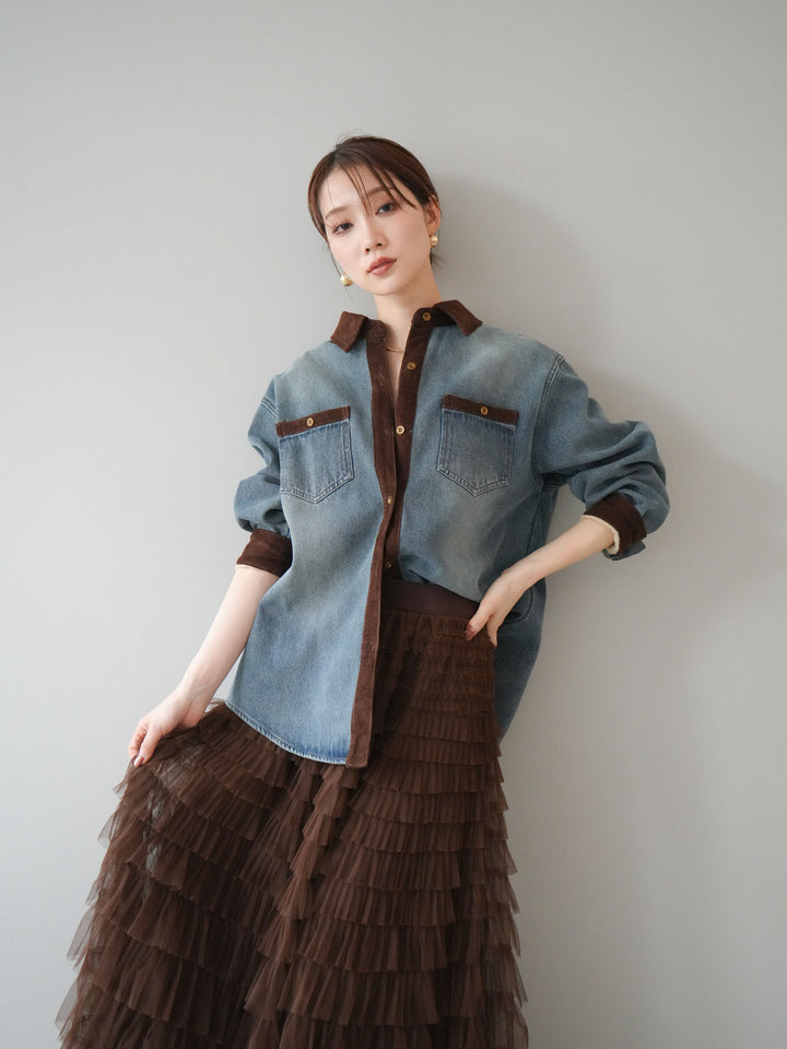 [予約]裏起毛コーデュロイ襟デニムシャツジャケット/ blue