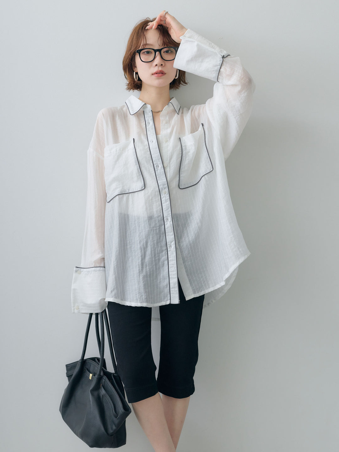 [予約]バイカラートリムオーバーストライプシャツ/offwhite