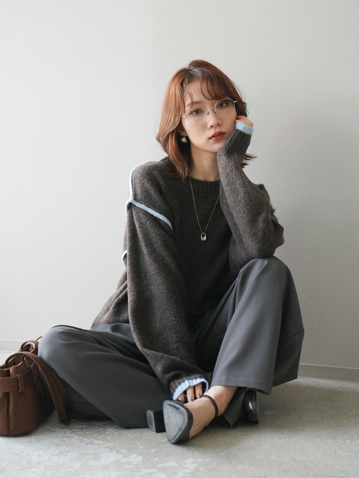 [予約]バイカラーパイピングニットプルオーバー/brown