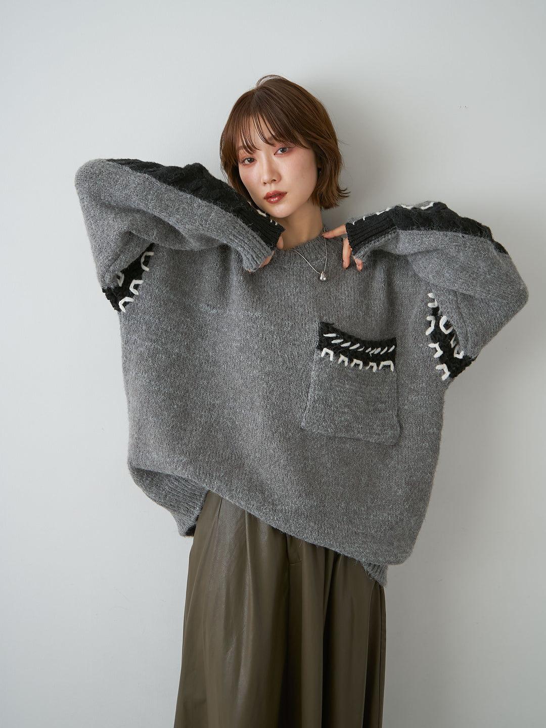 [予約]ハンドステッチデザインニットトップス/gray
