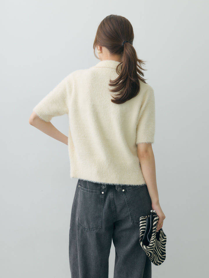 【套裝】毛絨針織 Polo 開襟衫 + 水洗弧形牛仔褲（兩件套）