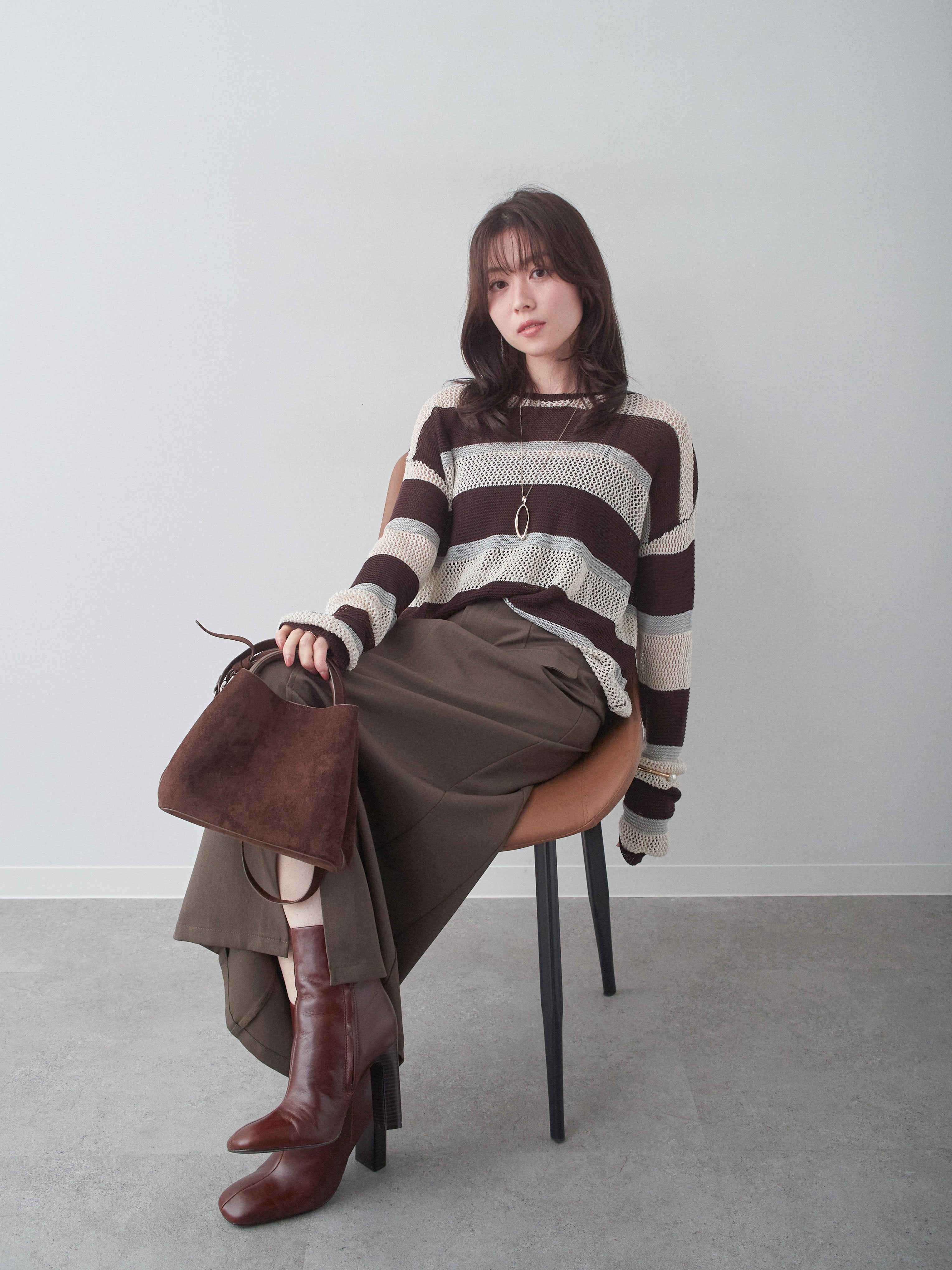 予約]マルチボーダーメッシュニットトップス/brown – Lumier