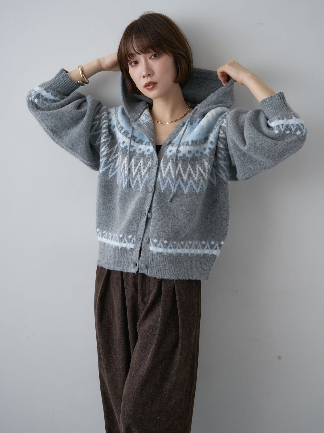 [SET]ノルディックフードカーディガン+ベロアデニムタックワイドパンツ(2set)