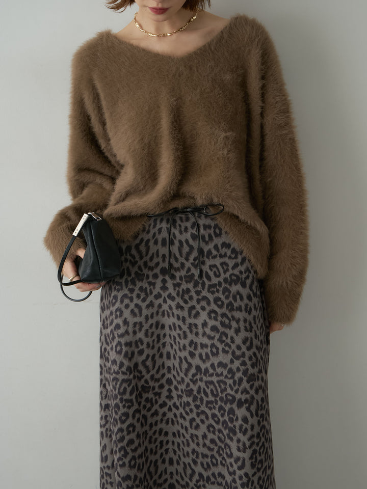 [予約]バックリボンVネックシャギーニットトップス/brown