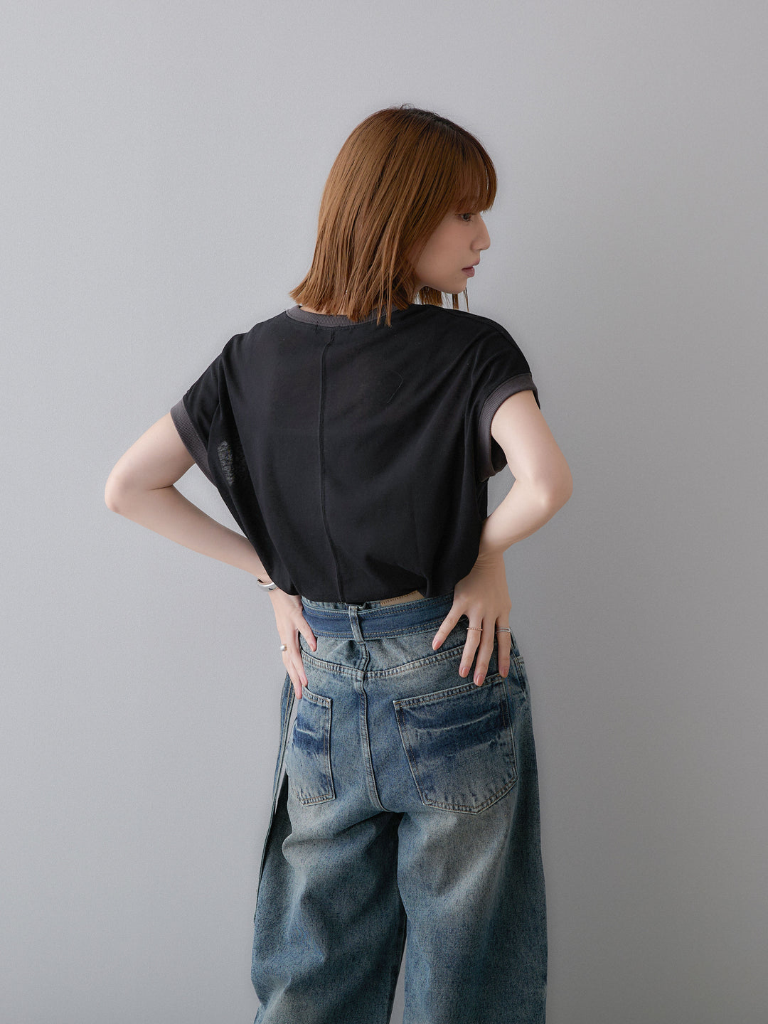 [SET]シアースラブバイカラーフレンチTEE+マルチポーチ付立体カーブデニム(2set)