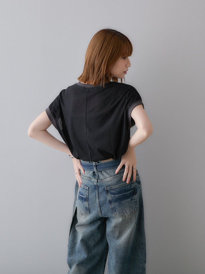 [SET]シアースラブバイカラーフレンチTEE+マルチポーチ付立体カーブデニム(2set)