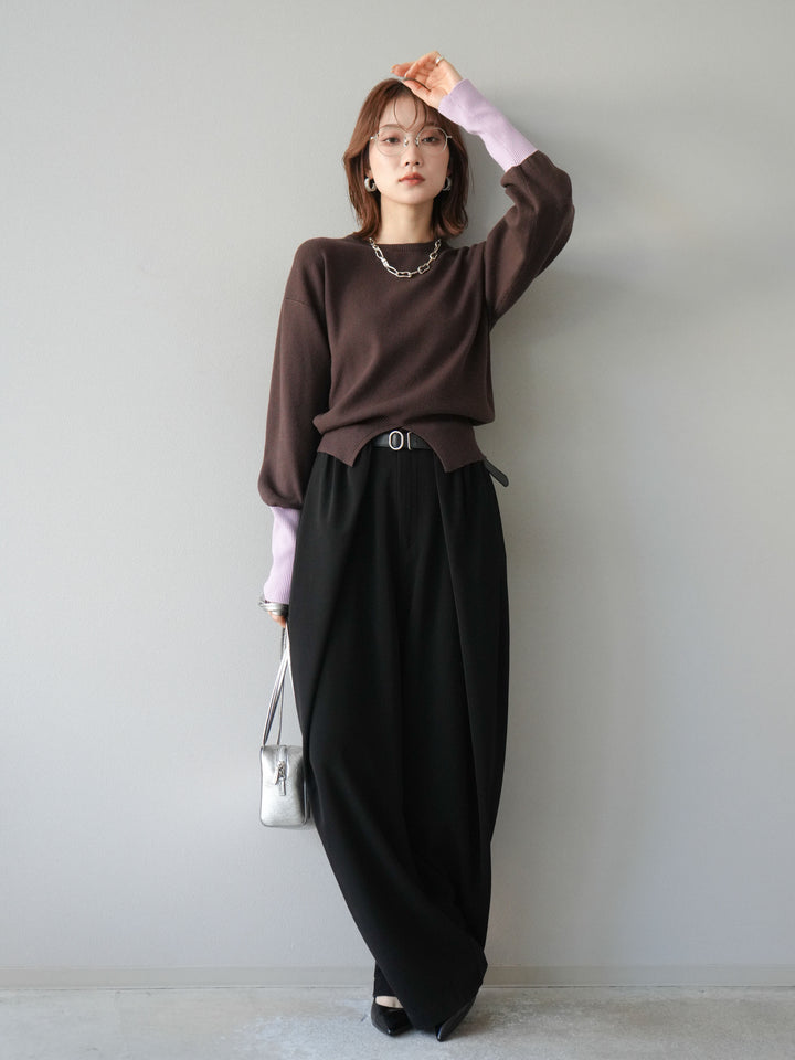 [予約]ベルト付タックワイドパンツ/ブラック