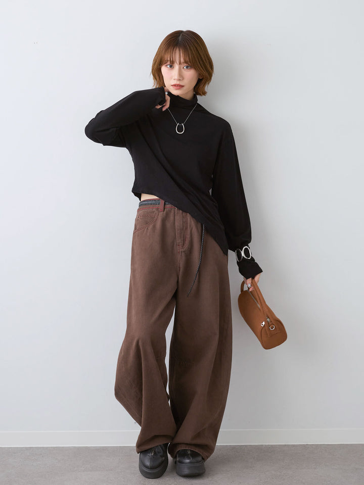 [SET]モックネックアシメヘムトップス+カラーステッチワイドパンツ(2set)