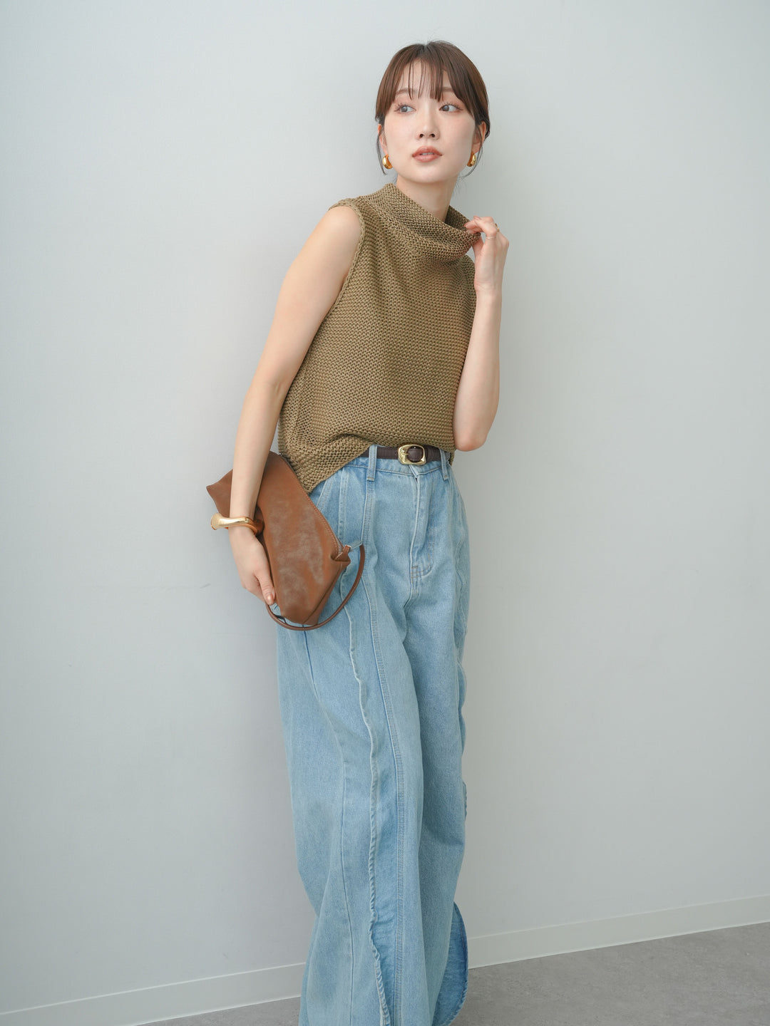 [予約]ドライタッチオフタートルメッシュニットトップス/camel