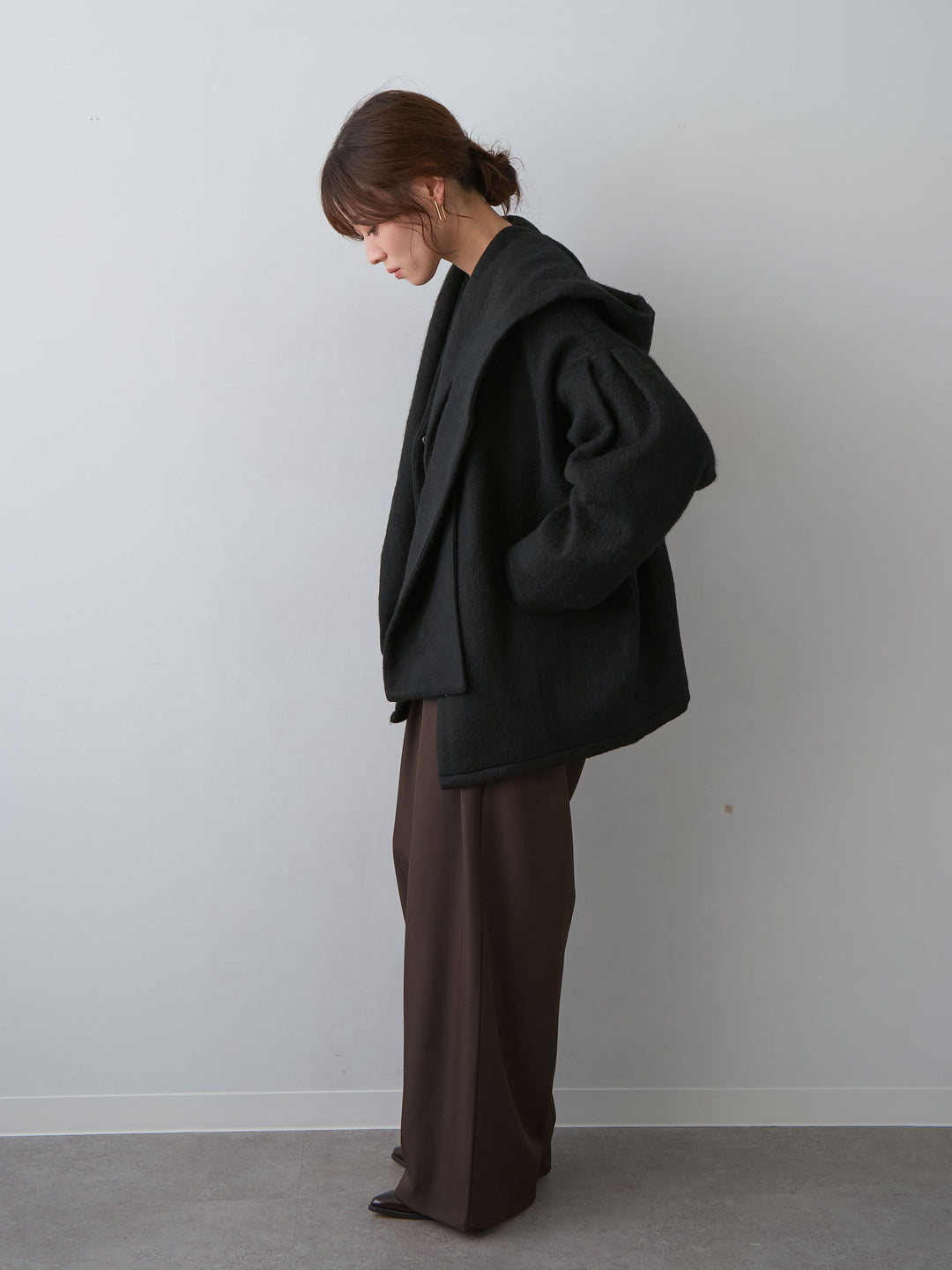 [SET]フードマフ付メランジコート+ツイルタックワイドパンツ(2set)