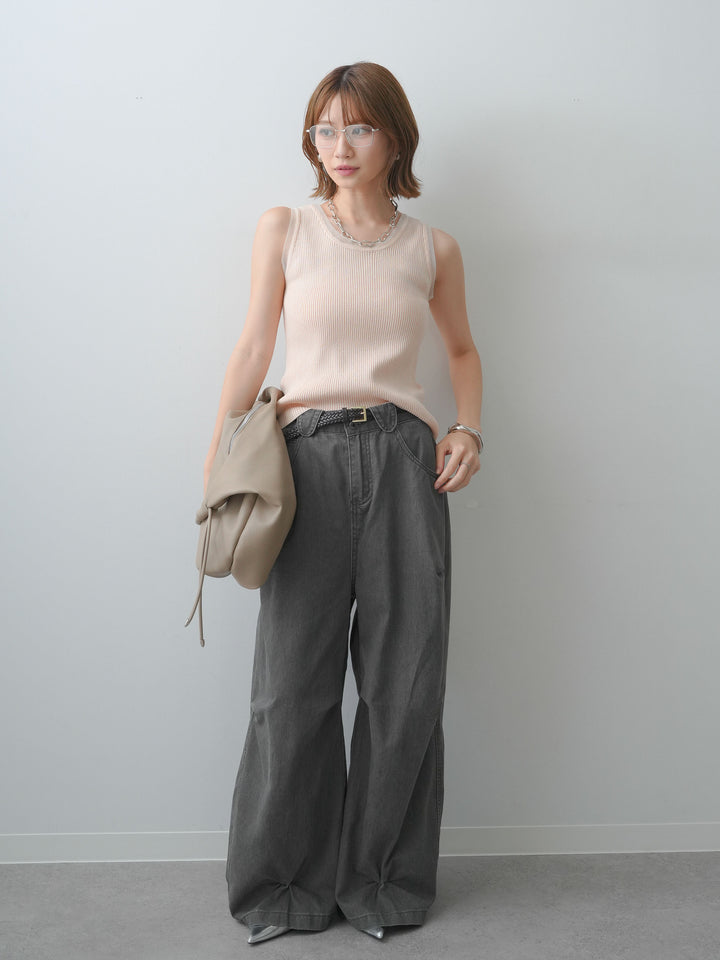 [SET]チュールトリムリブニットタンクトップ+ウォッシュタックカーブパンツ(2set)