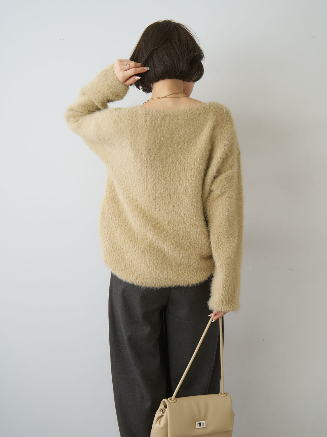 [SET]シャギーVネックニットトップス+ダブルタックドレープストレートワイドパンツ(2set)