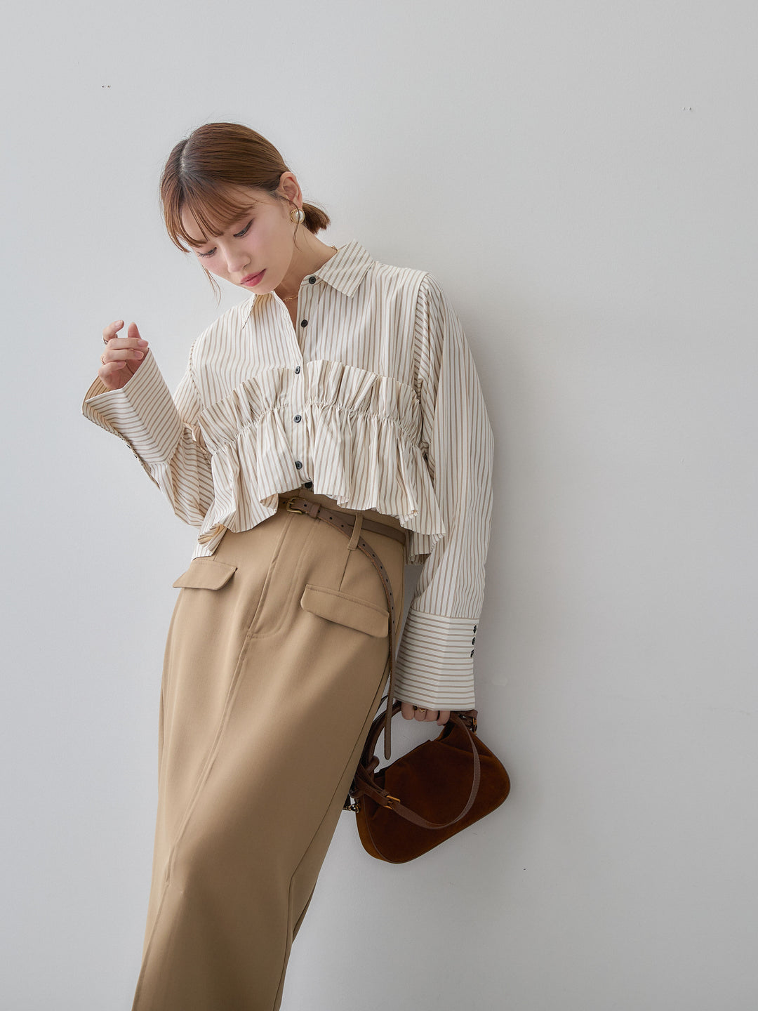 [SET]ストライプフリルシャツ+クレープデシンフラップ付きストレートスカート(2set)
