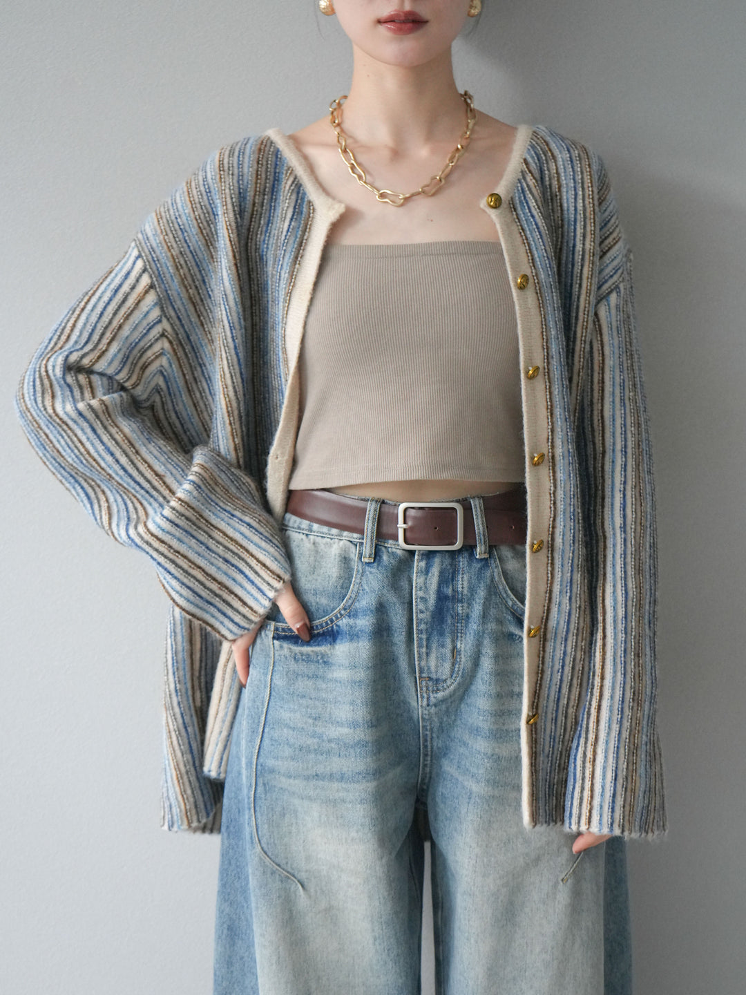 [予約]アンティークボタンストライプニットカーディガン/ivory