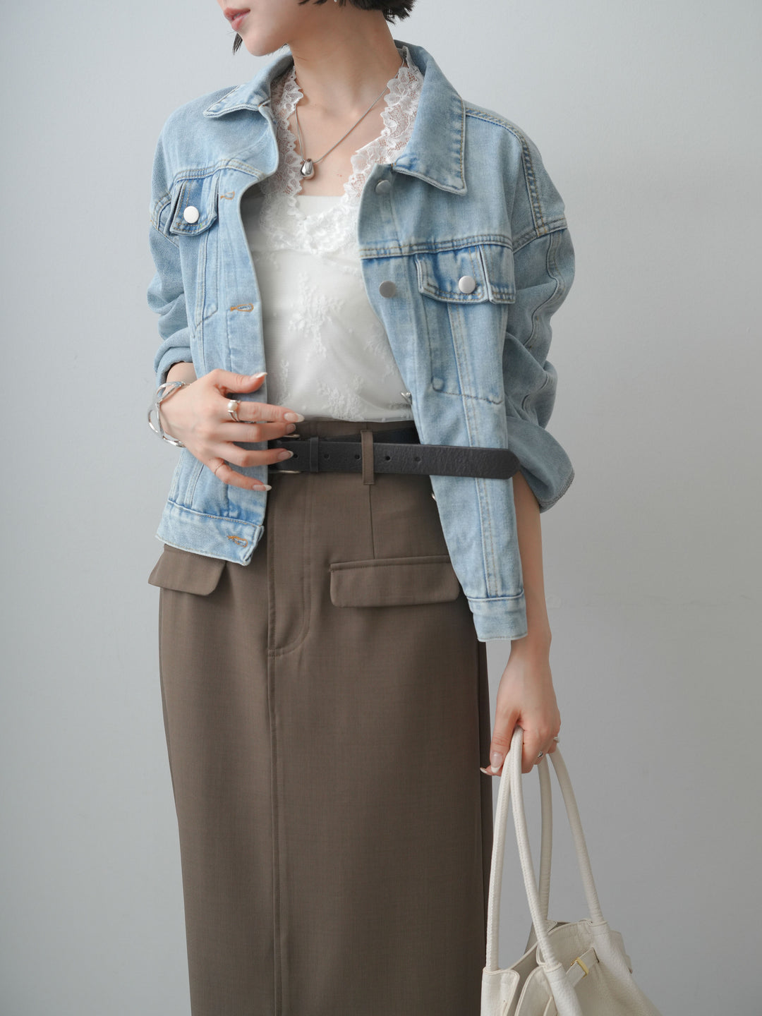 [SET]フラップデザインデニムジャケット+クレープデシンフラップ付きストレートスカート(2set)