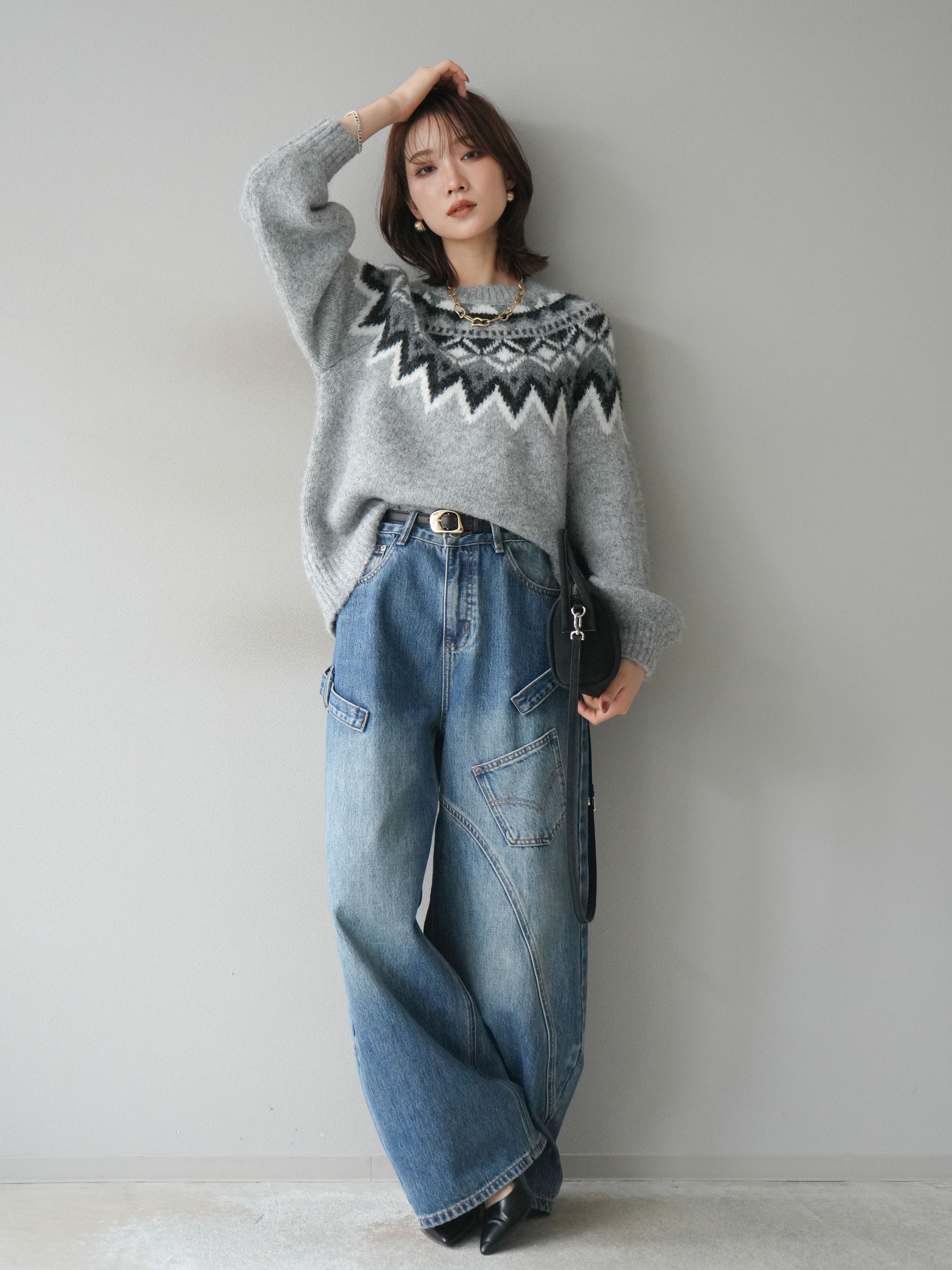 SET]求心柄オーバーニットプルオーバー+ペインターカーブデニムパンツ