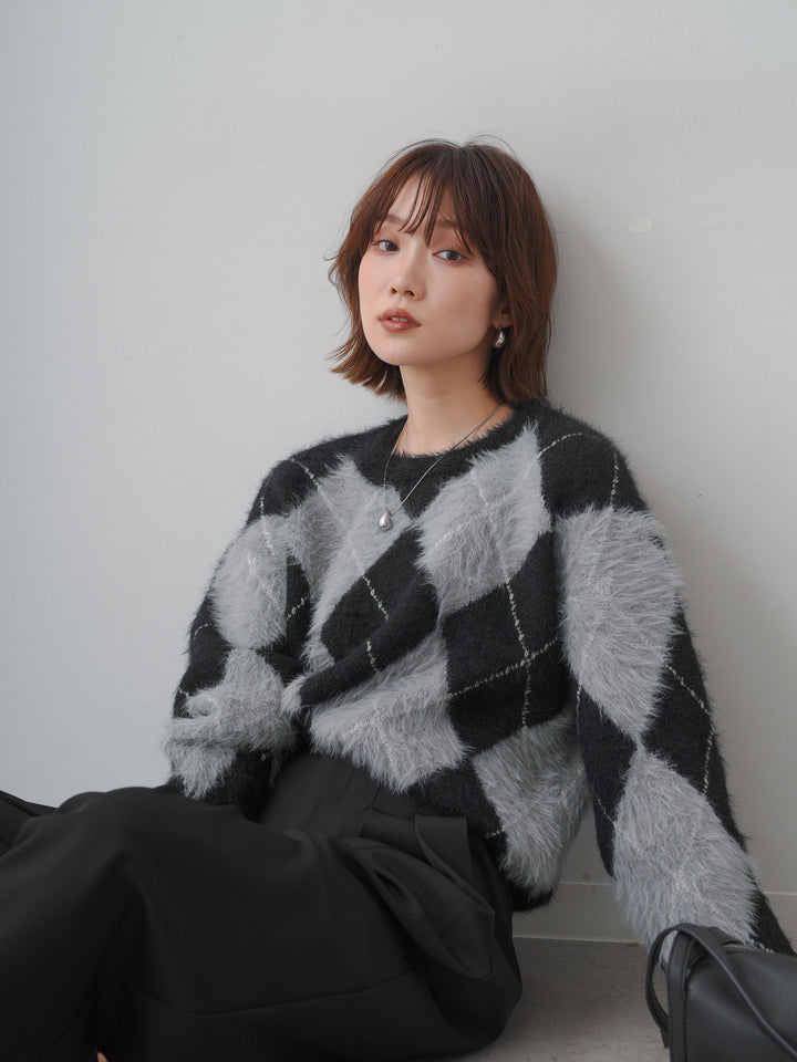 [予約]アーガイルシャギーニットトップス/black