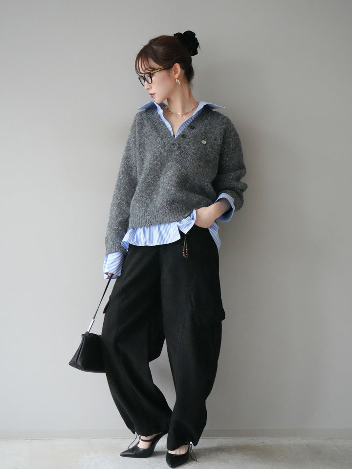 [SET]ストライプシャツドッキングMIXヤーンニットプルオーバー+ベルト付コーデュロイカーゴパンツ(2set)