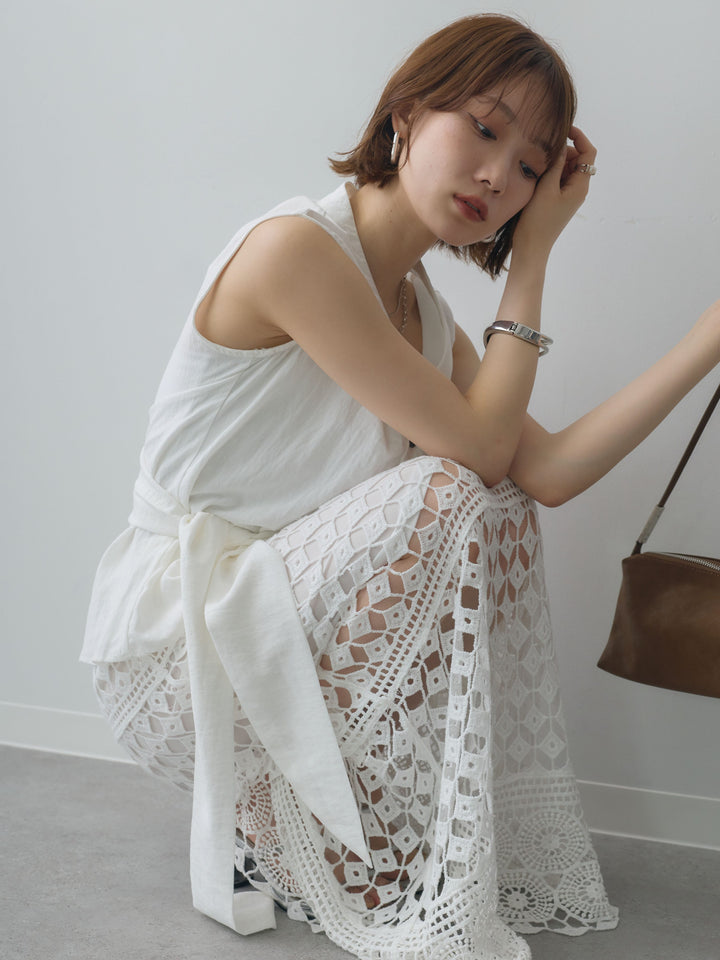 [SET]巻きデザインノースリブラウス+クロシェレースIラインスカート(2set)