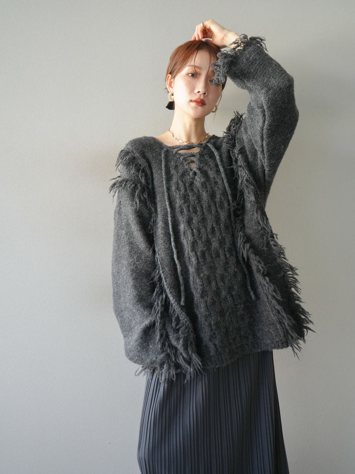 [予約]レースアップフリンジニットプルオーバー/gray