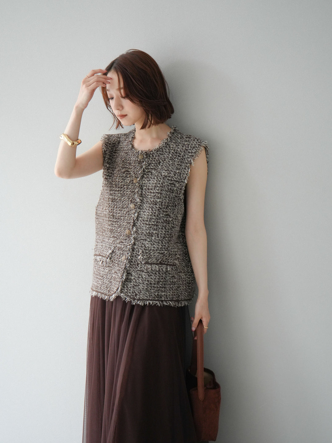 [予約]ミックスツイードフリンジニットベスト/ブラウン