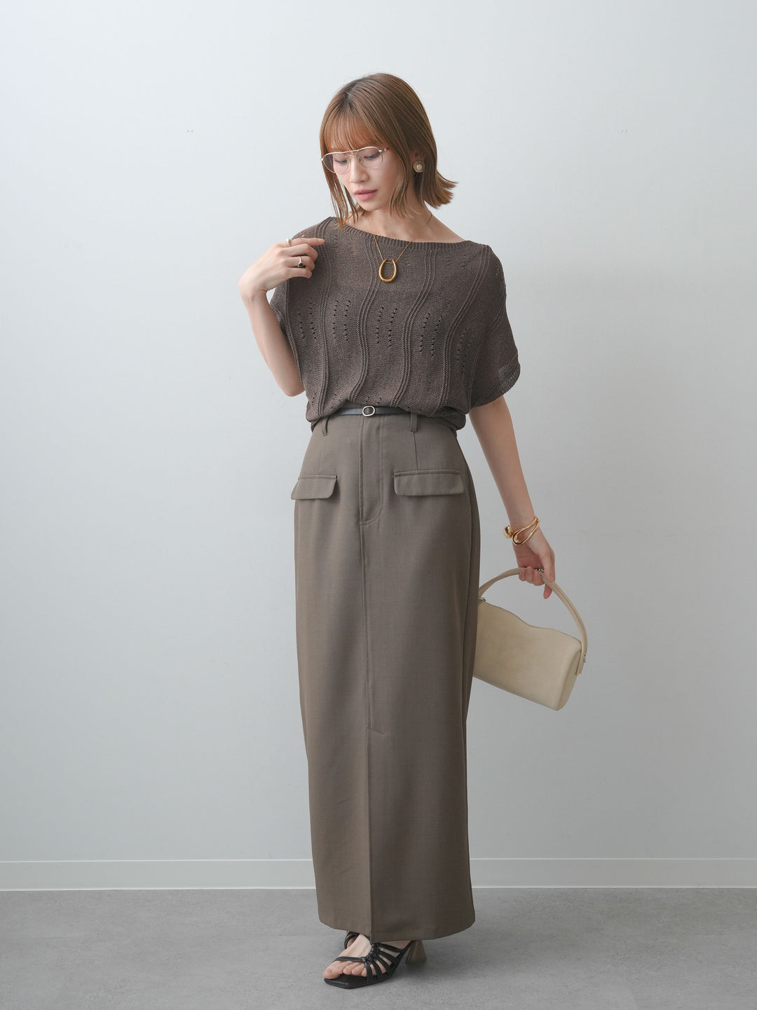 [SET]アイレットサマーニットトップス+クレープデシンフラップ付きストレートスカート(2set)