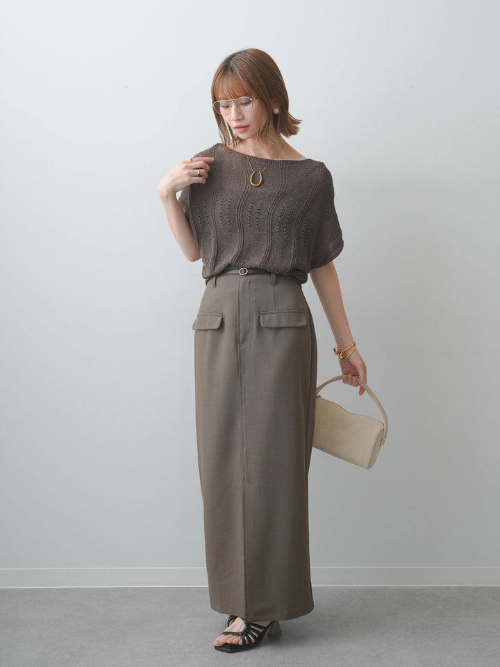 [SET]アイレットサマーニットトップス+クレープデシンフラップ付きストレートスカート(2set)