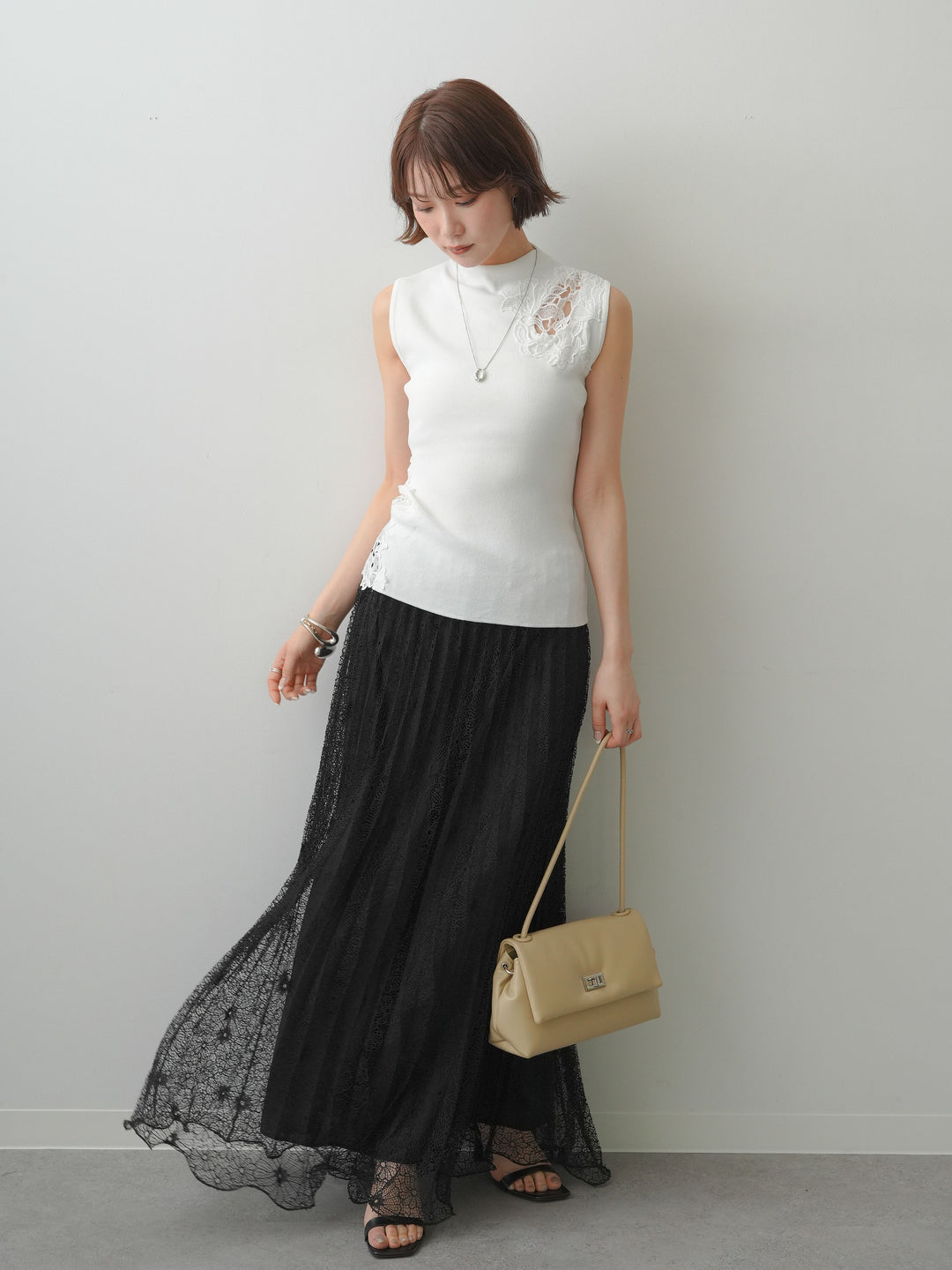 [SET]サイドレースノースリモックニットトップス+フローラルレースプリーツスカート(2set)