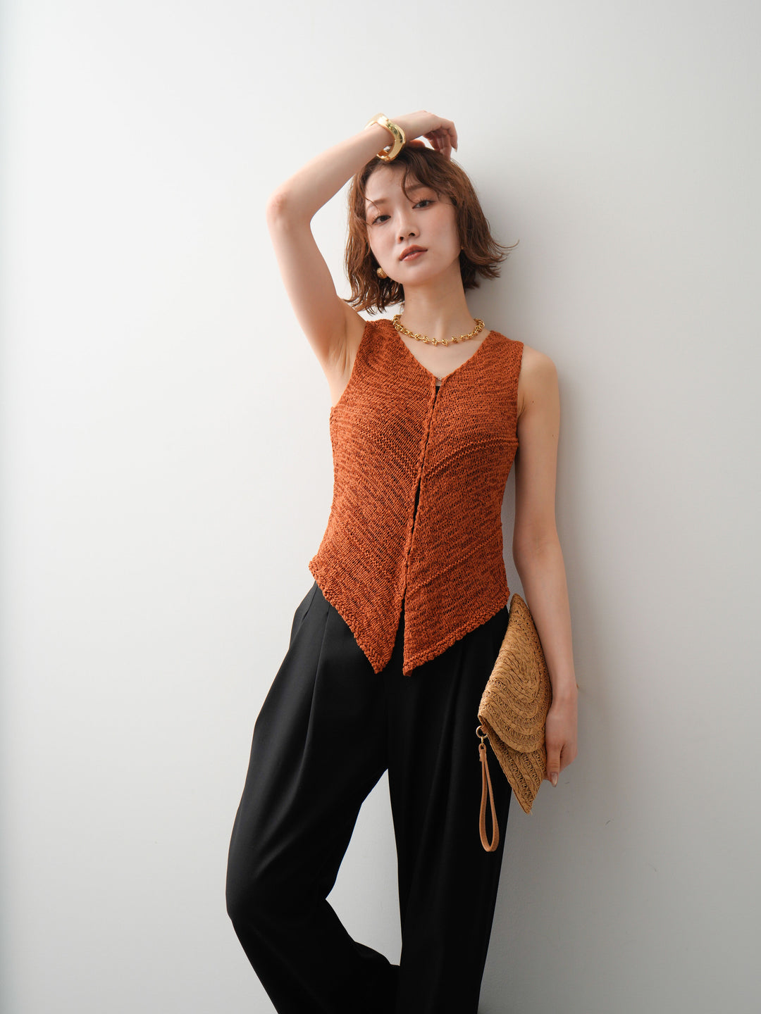[SET]テープヤーンVネックニットトップス+アシンメトリーベルトタックワイドパンツ(2set)