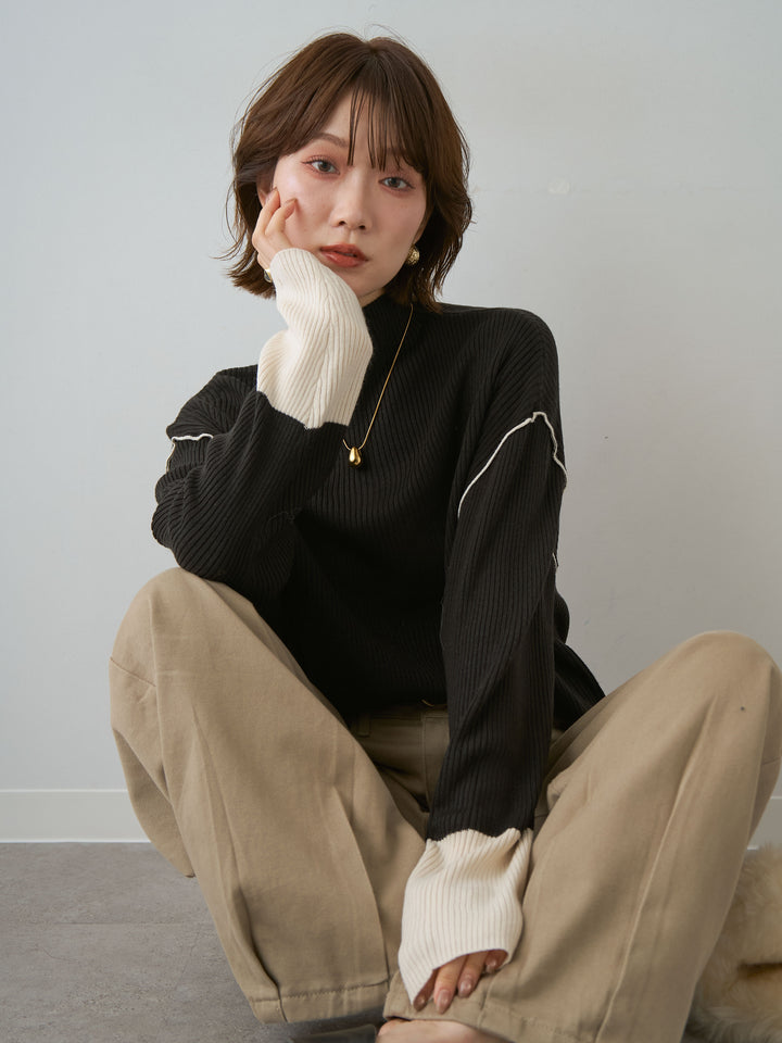 [予約]バイカラーモックネックリブニットトップス/black