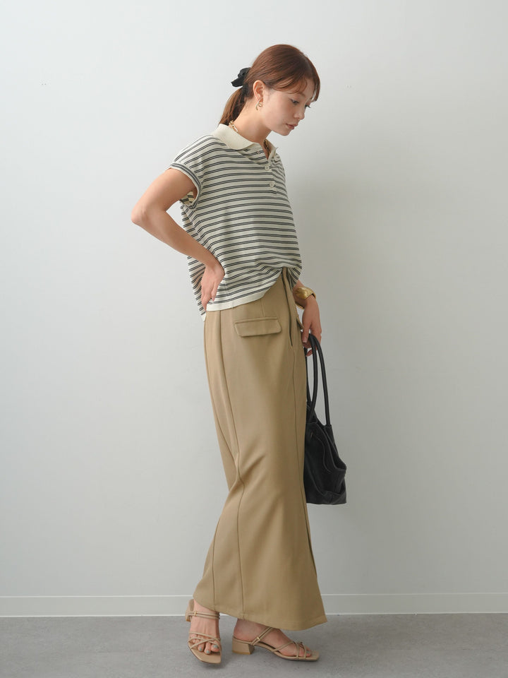 [SET]ポロニットボーダートップス+クレープデシンフラップ付きストレートスカート(2set)