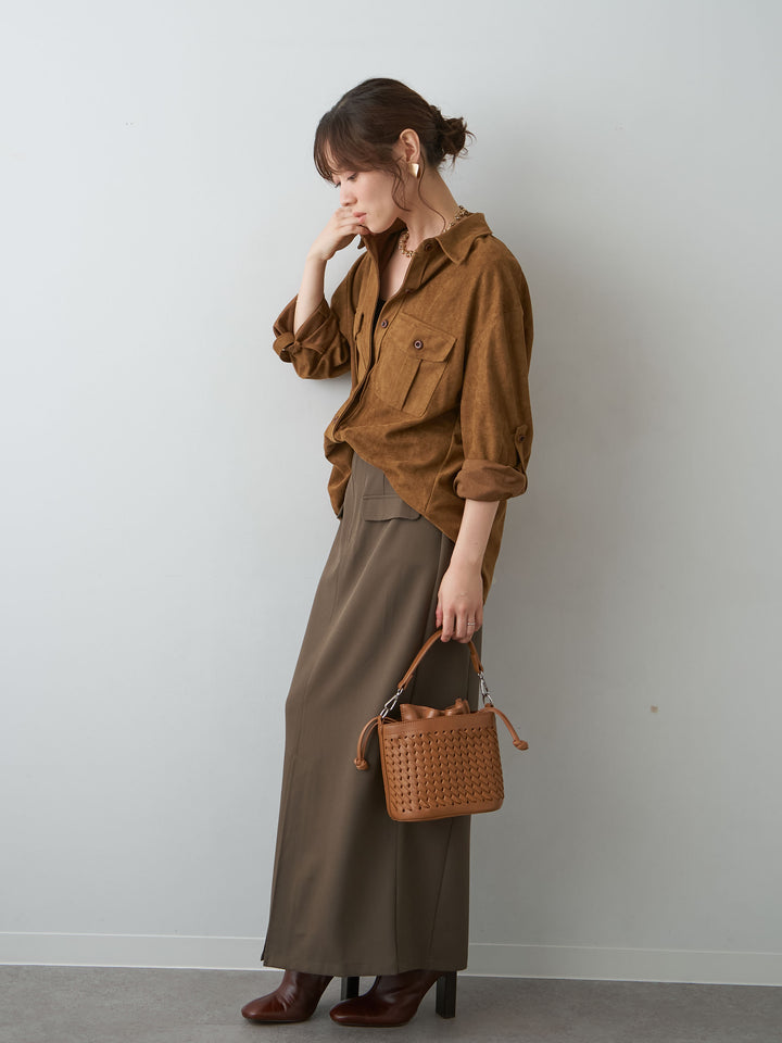 [SET]スウェードタッチWポケットシャツ+クレープデシンフラップ付きストレートスカート(2set)