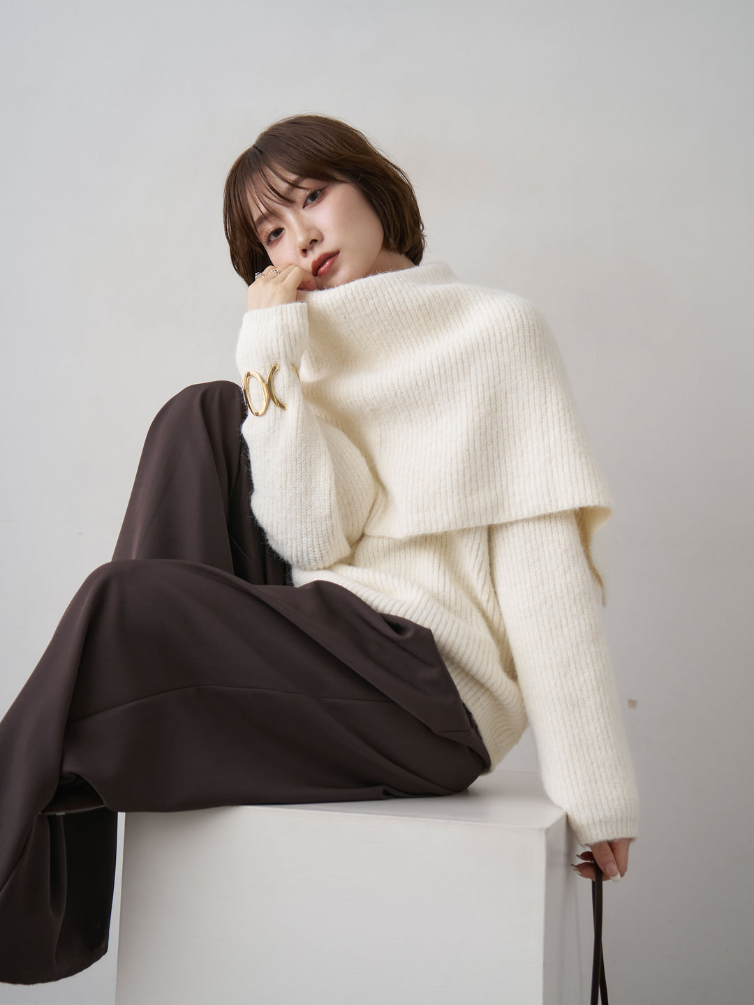 [SET]ケープドッキングデザインリブクルーネックニットトップス+選べるアクセセット(2set)