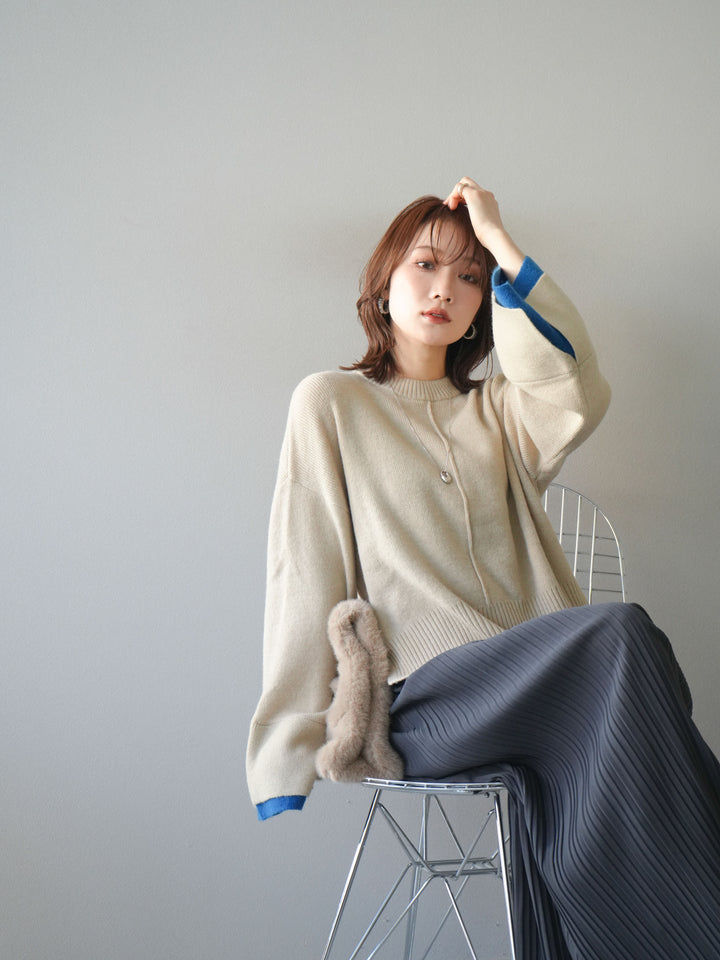 [SET]袖レイヤード配色ニットプルオーバー+プリーツIラインスカート(2set)