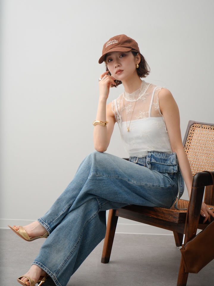 [予約]シースルーストレッチレースノースリトップス/white