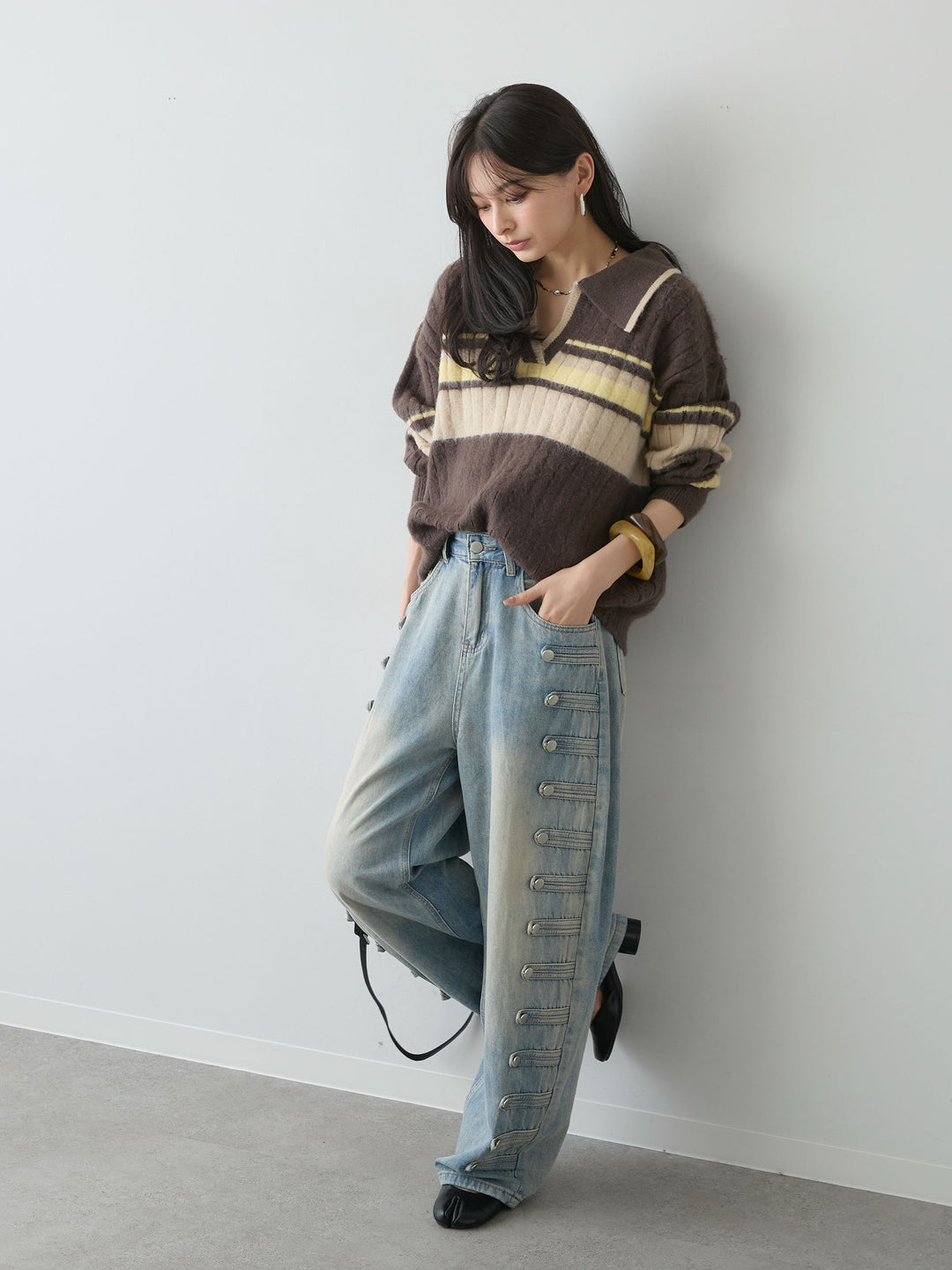 [予約]マルチボーダー起毛スキッパーニットトップス/mochacharcoal