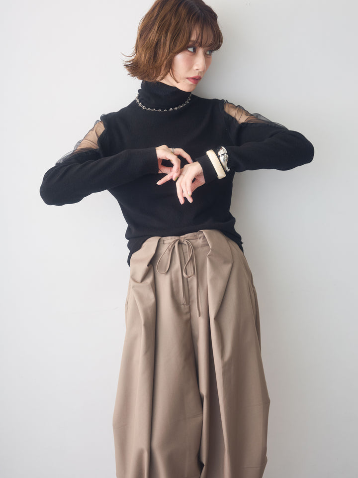 [予約]ショルダーチュールハイネックニットトップス/black