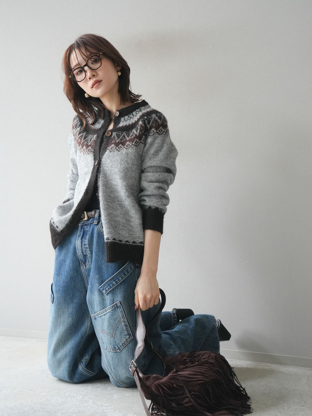 [SET]ノルディック柄ニットカーディガン+ペインターカーブデニムパンツ(2set)