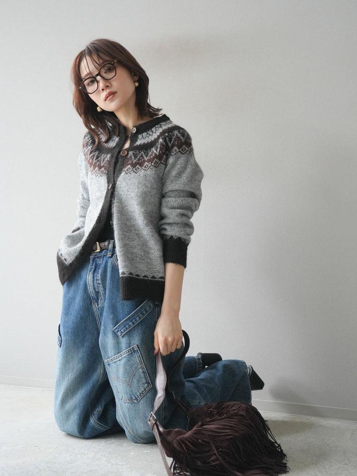 [SET]ノルディック柄ニットカーディガン+ペインターカーブデニムパンツ(2set)